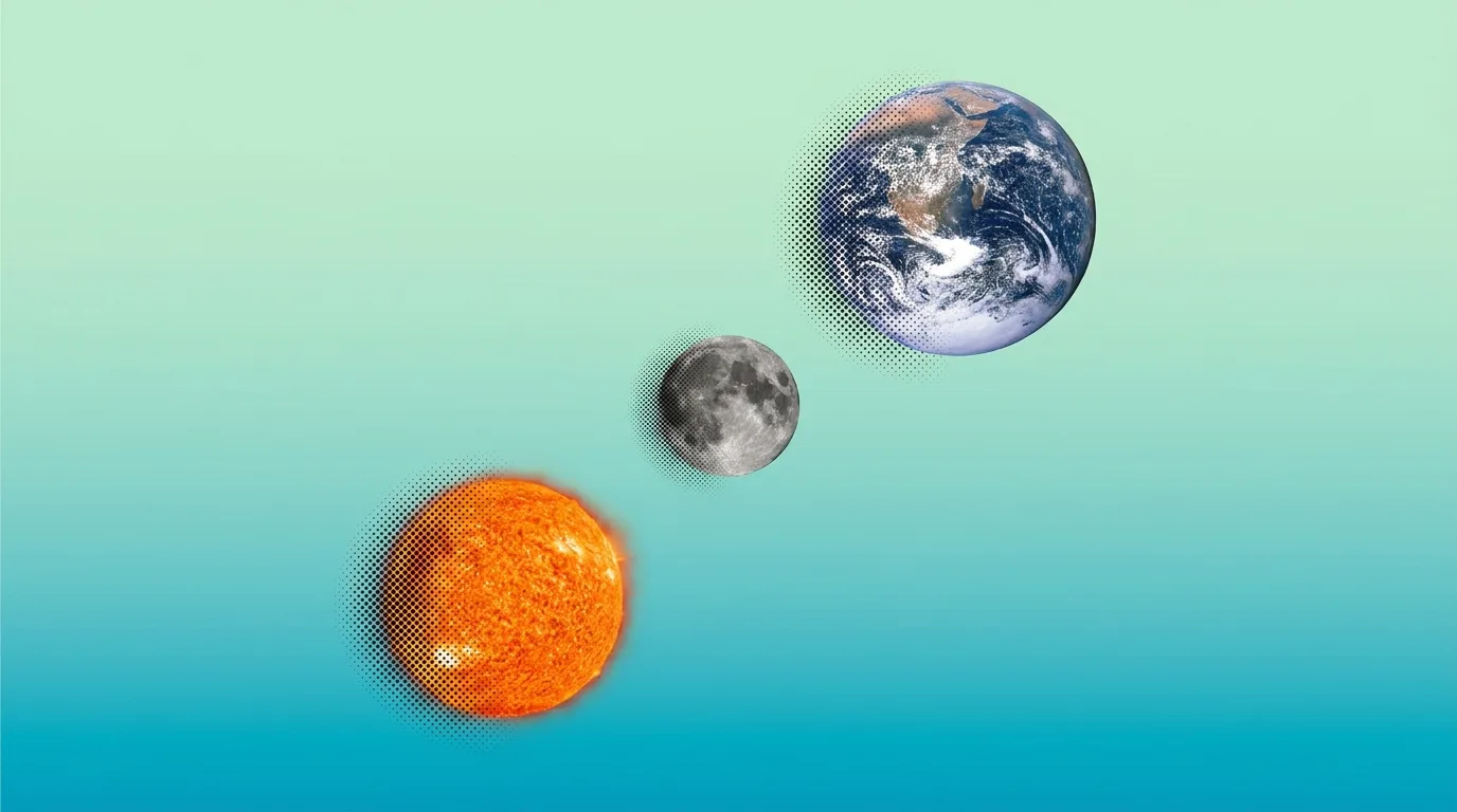 Duotone halftone illusztráció: nap, föld és hold, a GPT‑5.6 Sol, Terra és Luna modelljeinek metaforája