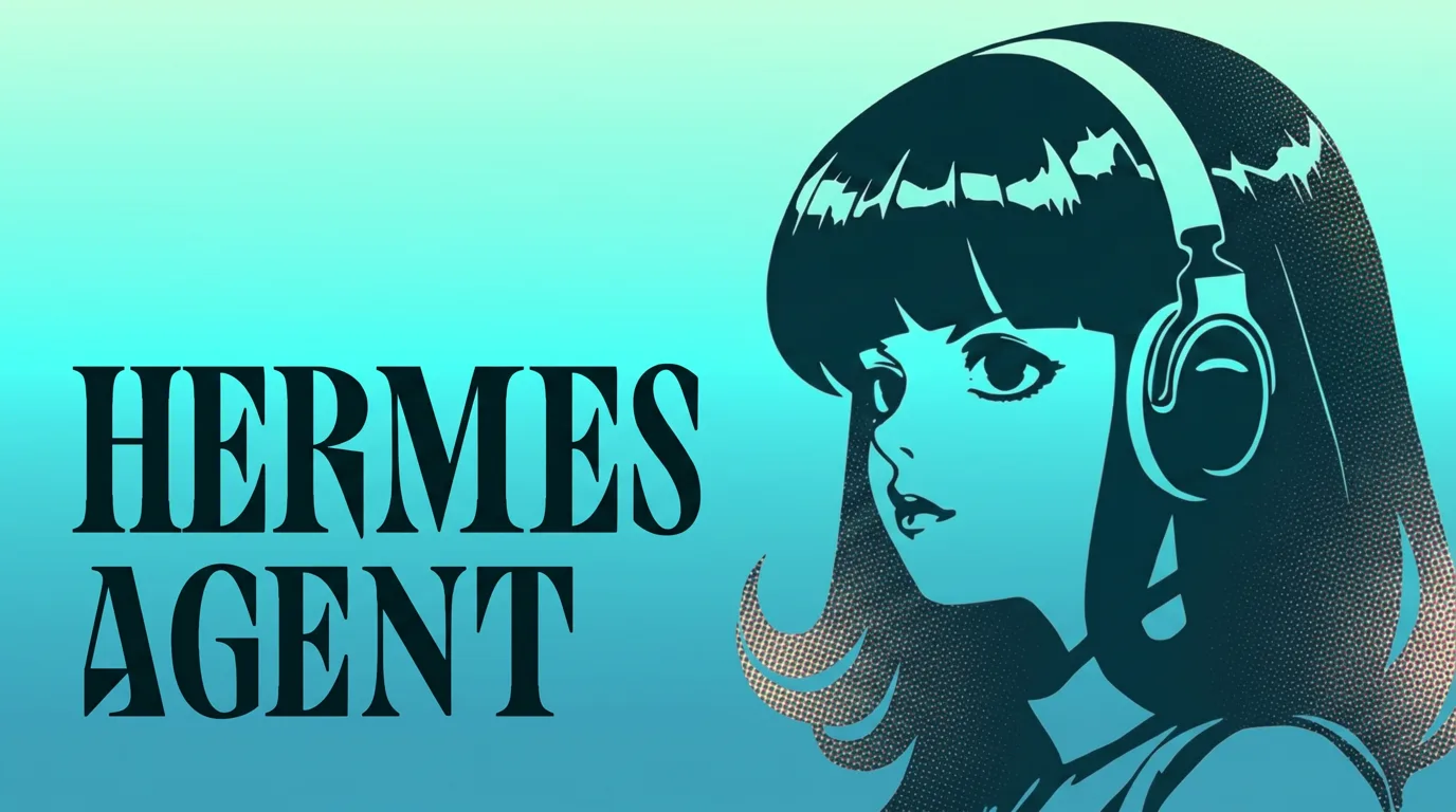 The Hermes Agent character: an ink-style anime girl with headphones, her hair edges dissolving into a fine print rosette, beside a HERMES AGENT wordmark